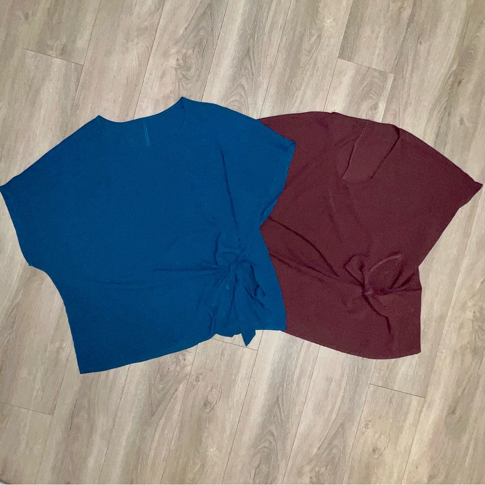 2 Curve Blouse T-Shirt 2X Maroon & Blue Front Tie Shein Cap Sleeve
